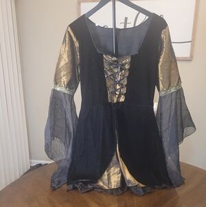 Black and Gold Lace-Up velvet Medieval Dress with bell sleeves.